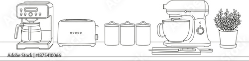 Black and white line art illustration depicting essential kitchen countertop appliances including a coffee maker toaster mixer storage canisters and potted herb plant.
