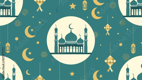 An elegant seamless background showcasing a repeating motif of stylized mosque domes and minarets, surrounded by crescent moons, stars, and ketupat patterns, all in a sophisticated Flat Design style. 