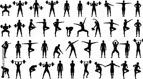 Fitness and yoga silhouettes set with weightlifting, balance and stretching poses, black vector athletes collection for gym training, workout routines, wellness, sport design graphics