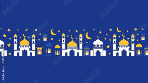 A tranquil and minimalist seamless background featuring sparse yet iconic Ramadhan elements like a crescent moon, star, mosque outline, and lantern, all in a clean Flat Design style. 
