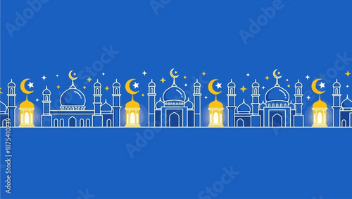 A tranquil and minimalist seamless background featuring sparse yet iconic Ramadhan elements like a crescent moon, star, mosque outline, and lantern, all in a clean Flat Design style. 