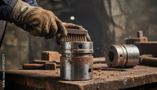 Industrial glove worker hand metal cylinder wire brush dust particle gold mining workshop table closeup manual labor tool cleaning Industrial