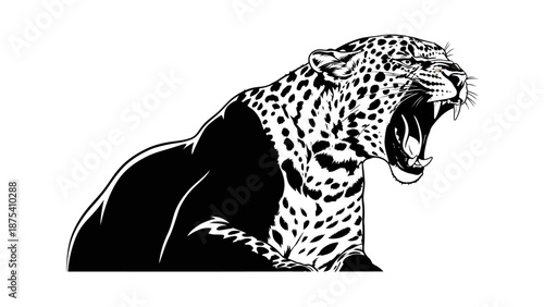 Black and White Illustration of Roaring Leopard.