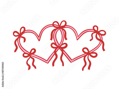 Two intertwined pink hearts with red bows, symbolizing love, connection and romance, ideal for Valentine's Day and relationship themes. Hand drawn doodle element for greeting card, invitation, poster