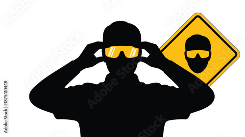 Construction worker wearing safety goggles beside warning sign