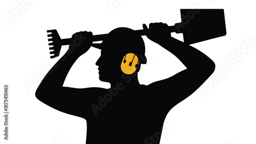 Frustrated man hitting himself with garden tools