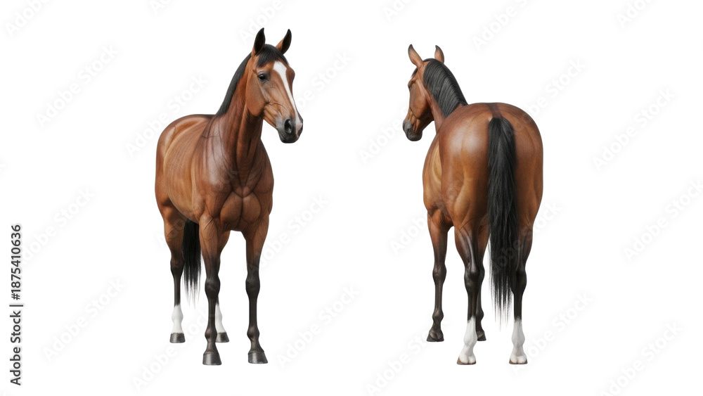 Fototapeta premium Front and Back View of a Brown Bay Horse Isolated on White Background