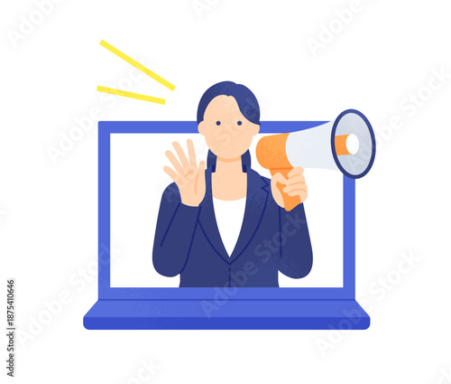 デジタルマーケティングのイメージ。集客するマーケター。パソコンから拡声器で告知する女性のイラスト。