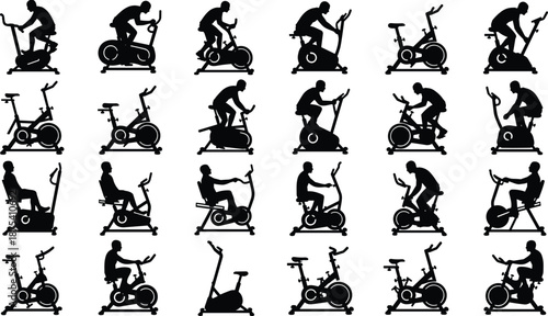 Indoor cycling silhouettes set with spin bike exercises and poses, black vector fitness collection for gym training, cardio workout, healthy lifestyle, sport design graphics