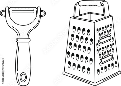 Simple black and white outline illustration featuring a kitchen vegetable peeler tool alongside a classic four-sided box grater ready for food preparation tasks