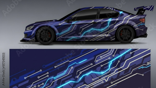A dark blue sports car with a futuristic circuit board and lightning bolt graphic wrap design.