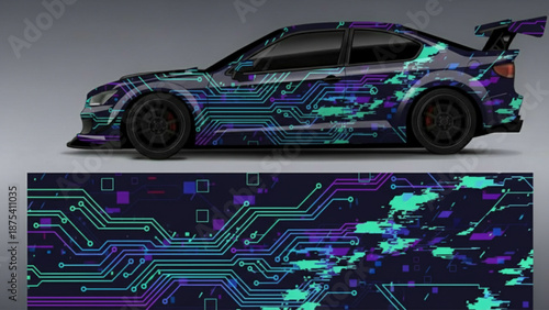 Sporty car with futuristic circuit board and digital glitch graphic wrap design.
