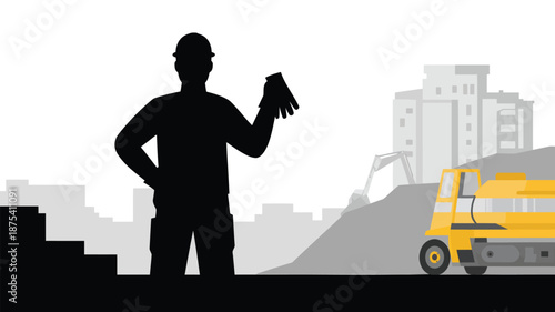 Construction worker standing confidently on a building site with yellow truck