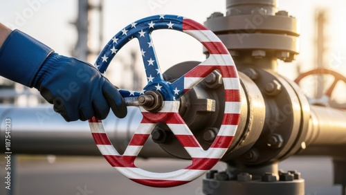 Close-up shot of a hand turning a valve with an American flag design on it, connected to a Venezuelan pipeline