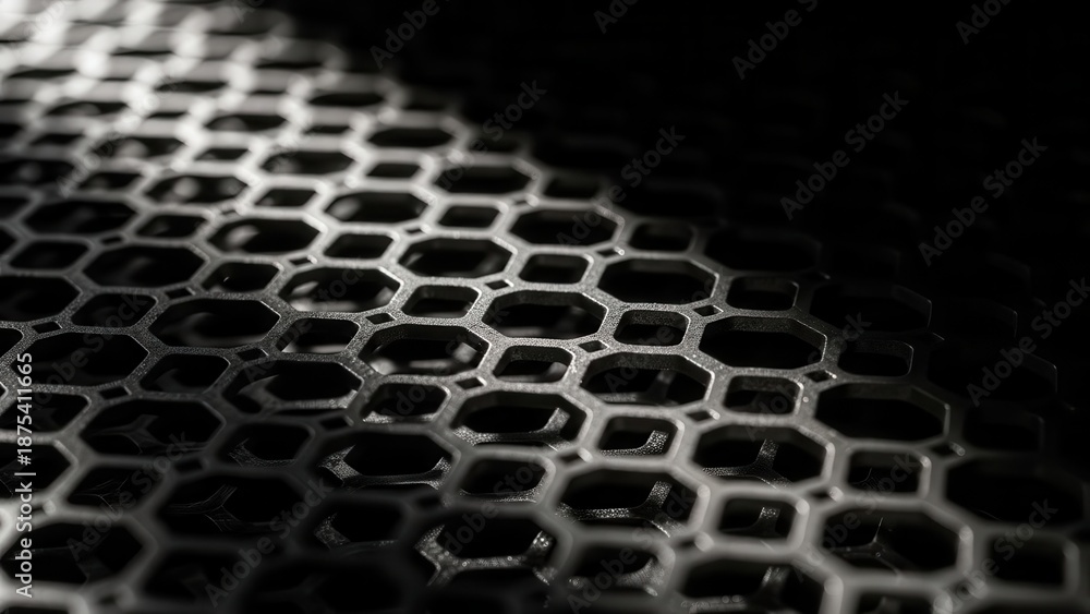 Fototapeta premium Black and Silver Hexagonal Mesh Pattern on a Dark Surface