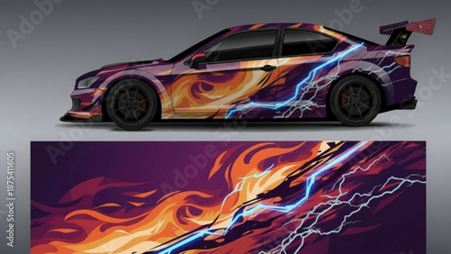 Custom car wrap design featuring dynamic flames and electric lightning bolts on a sports coupe, with the full graphic pattern displayed below.