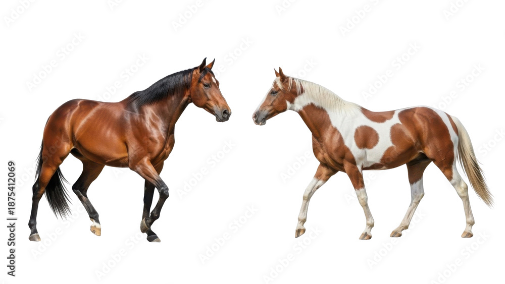 Obraz premium Two horses walking: brown bay horse and pinto horse with white and brown spots, isolated on white