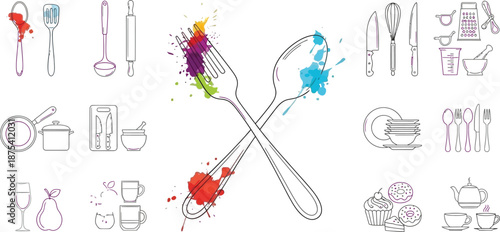 Collection of simple line art icons representing various kitchen utensils cookware and drinkware sets with colorful artistic paint splatters accentuating the cutlery