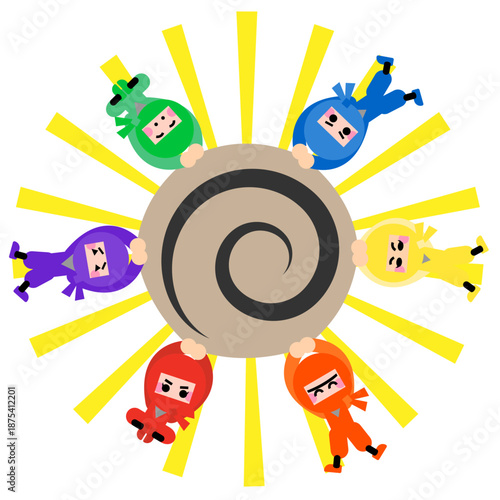 円形に並んで修行するかわいい忍者キャラクターのイラストセット