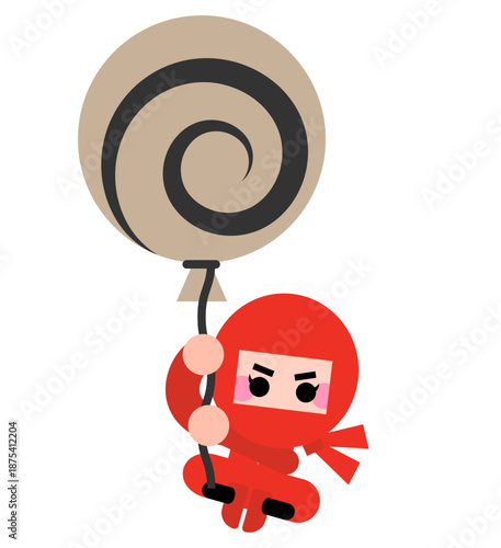 風船につかまって空を飛ぶかわいい忍者キャラクターのイラスト