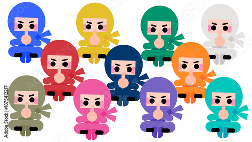 色とポーズがそろったかわいい忍者キャラクターのイラストセット