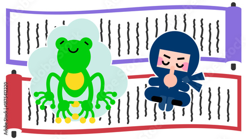 巻物の前で忍術を使うかわいい忍者キャラクターのイラスト