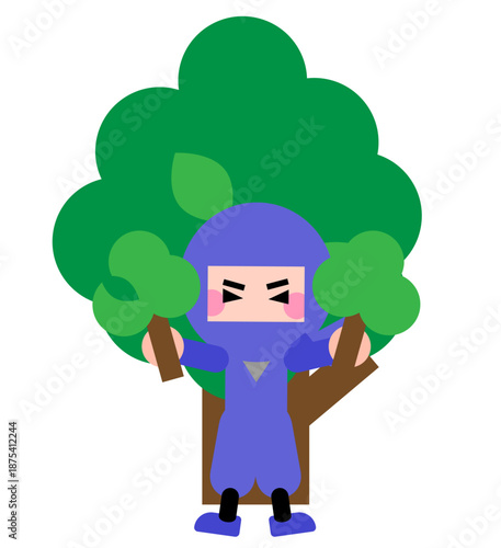 木に隠れて身を潜めるかわいい忍者キャラクターのイラスト