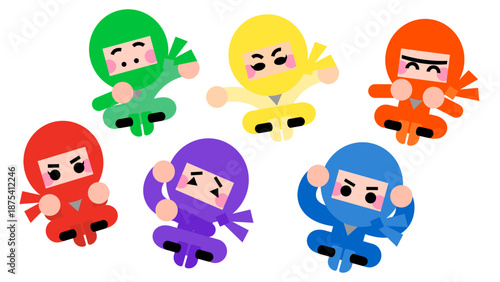 色違いで並ぶかわいい忍者キャラクターのイラストセット