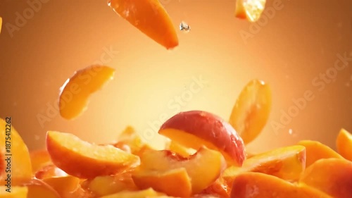 Juicy ripe peach wedges rising with a refreshing water splash in slow motion