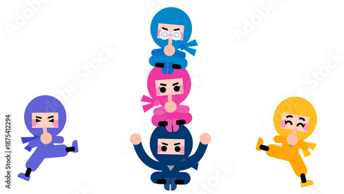 バランスを取りながら積み上がるかわいい忍者キャラクターのイラストセット