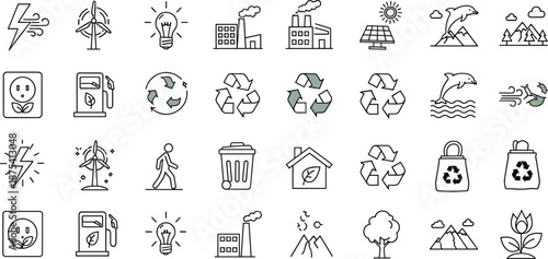Environmental and sustainability icon set featuring renewable energy, recycling, pollution, conservation, and eco-friendly symbols for climate awareness and green design projects.