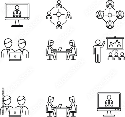 Business communication and teamwork icon set showing meetings, presentations, collaboration, online conferences, and professional interaction, outline vector illustrations for corporate 