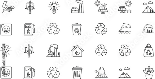Eco friendly sustainability icon set featuring renewable energy, recycling, nature conservation, and environmental protection symbols, outline vector illustrations for green technology and 