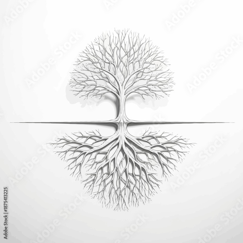 Abstract Tree of Life with Intricate Roots and Branches, Symmetry, White Background