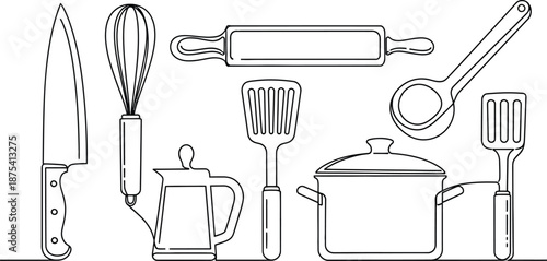 Collection of essential kitchen cooking utensils and baking tools drawn in a continuous minimalist black line art style against a white background