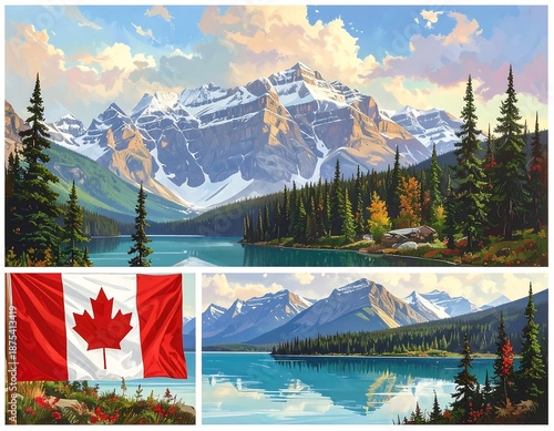 Mountain panorama with lake and forest, plus Canadian flag in foreground