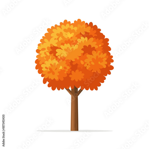 Autumn Tree with Orange Leaves, Isolated on White Background