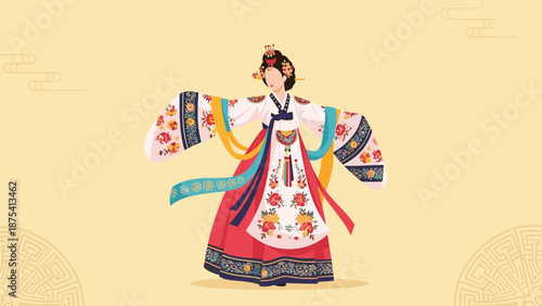 Korean traditional dancer in vibrant hanbok performing a dance, ideal for cultural festivals and art promotion materials