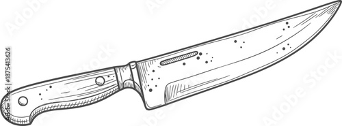 Vintage style black and white hand drawn illustration depicting a sharp kitchen utility knife with a riveted wooden handle isolated on white background