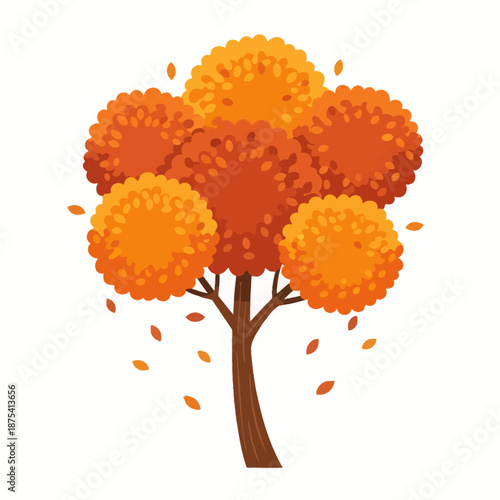 Autumn Tree with Orange and Yellow Leaves Falling, Isolated