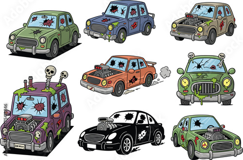 Post Apocalyptic Zombie Car Vector Illustration Set Featuring Damaged Modified Vehicles with Skulls Green Slime and Engine Blowers for Horror Action Game Design Graphics