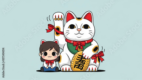 Chibi Girl with Giant Lucky Cat Maneki Neko