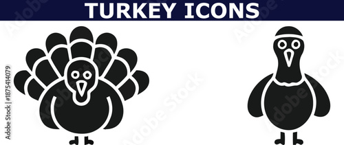A set of simple black and white turkey icons for use in digital design