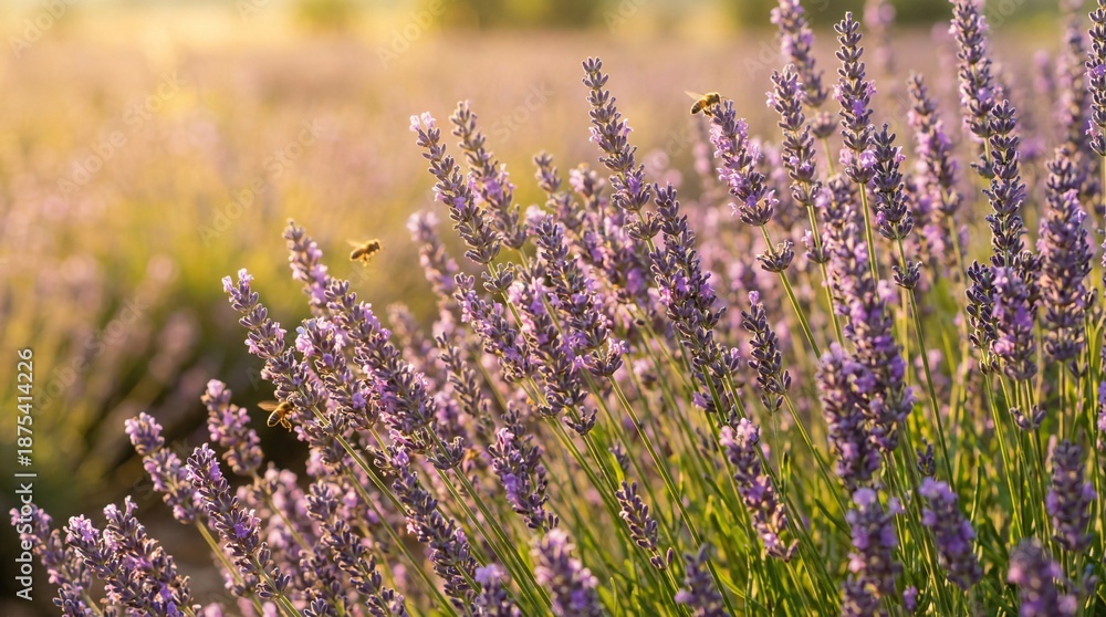 Obraz premium Bees pollinating purple lavender flowers in a sunlit field during golden hour