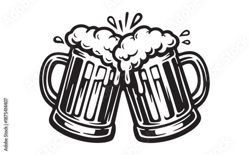 Two beer mugs clinking together with foam and liquid splashing