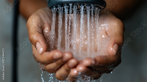 Close-up of female hands catching streaming water from shower head