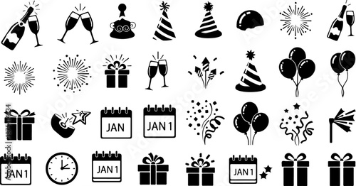 New Year Celebration Icons Silhouette Vector Set