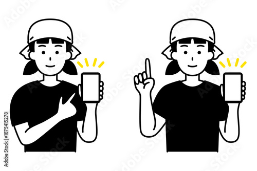 スマホの画面を見せる居酒屋の女性店員　セット