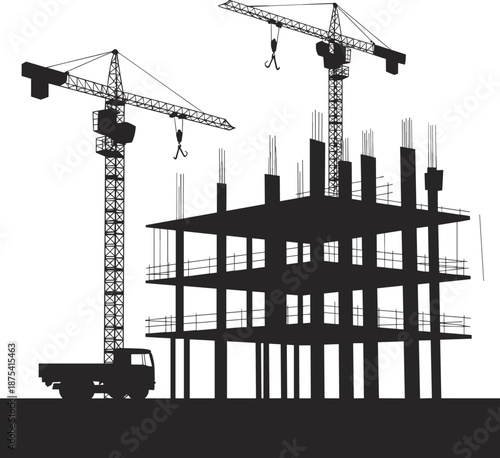Construction site silhouette, tower cranes, building framework, urban development, high-rise structure, industrial machinery, cement truck, black icon, skyline, beams