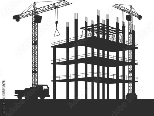Construction site silhouette, tower cranes, high-rise building, urban development, structural framework, rebar, cement truck, industrial machinery, black icon, skyline